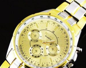 Gold Steel Quartz Mens Watch